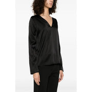 Pinko women silk blouse black v neck with long sleeves made of satin featuring a v neckline in black color
