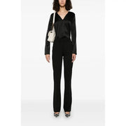 Pinko women silk blouse black v neck with long sleeves made of sleek glossy satin material