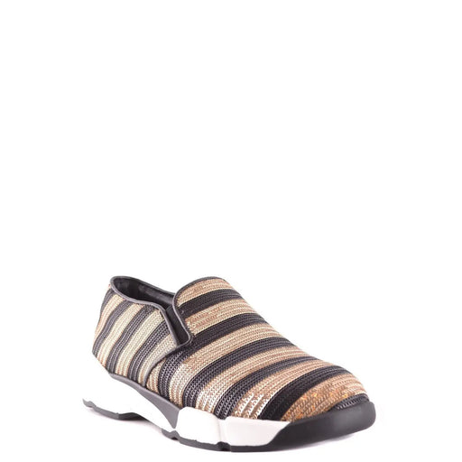 Pinko Damen-Sneaker zum Hineinschlüpfen aus Stoff mit schwarz-beige-gold gestreiftem Obermaterial aus Webstoff und klobiger weiß-schwarzer Sohle