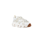 Pinko women slip on white leather sporty sneakers with beige chunky sole, mesh overlay, metallic silver accents, and brown toe cap
