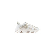 Pinko women slip on white leather sporty sneakers with beige mesh upper metallic logo and oversized rubber sole