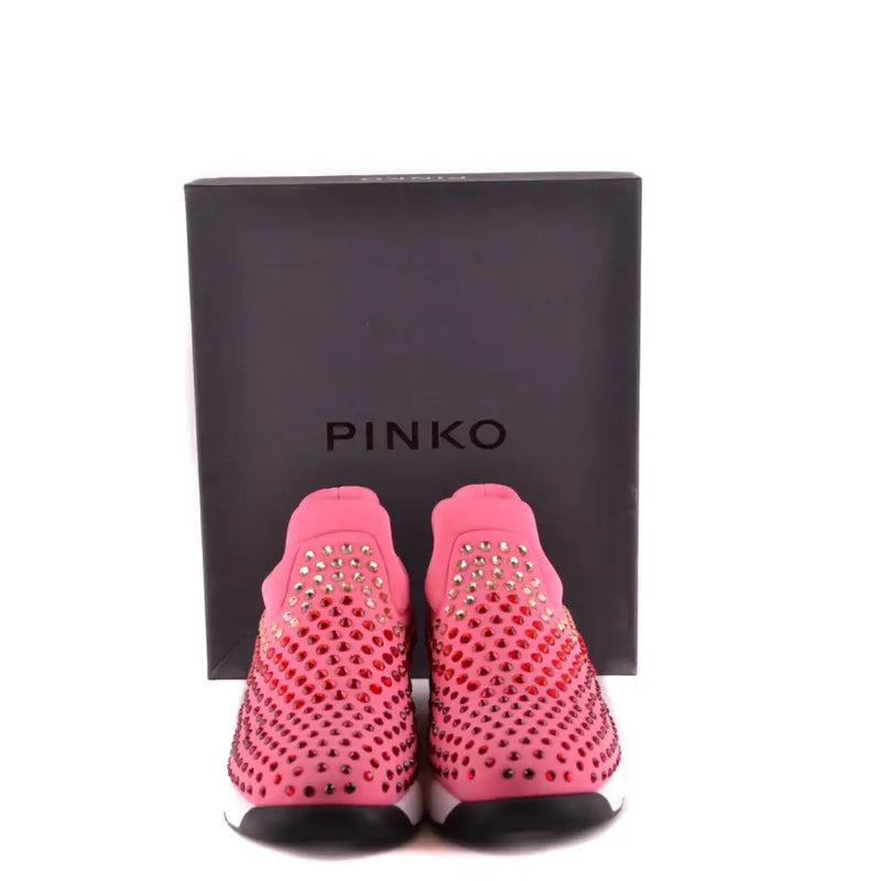 Pinko Damen-Sneaker aus rosafarbenem Stoff mit rot-rosafarbenen Strassverzierungen im Farbverlauf auf dem Obermaterial