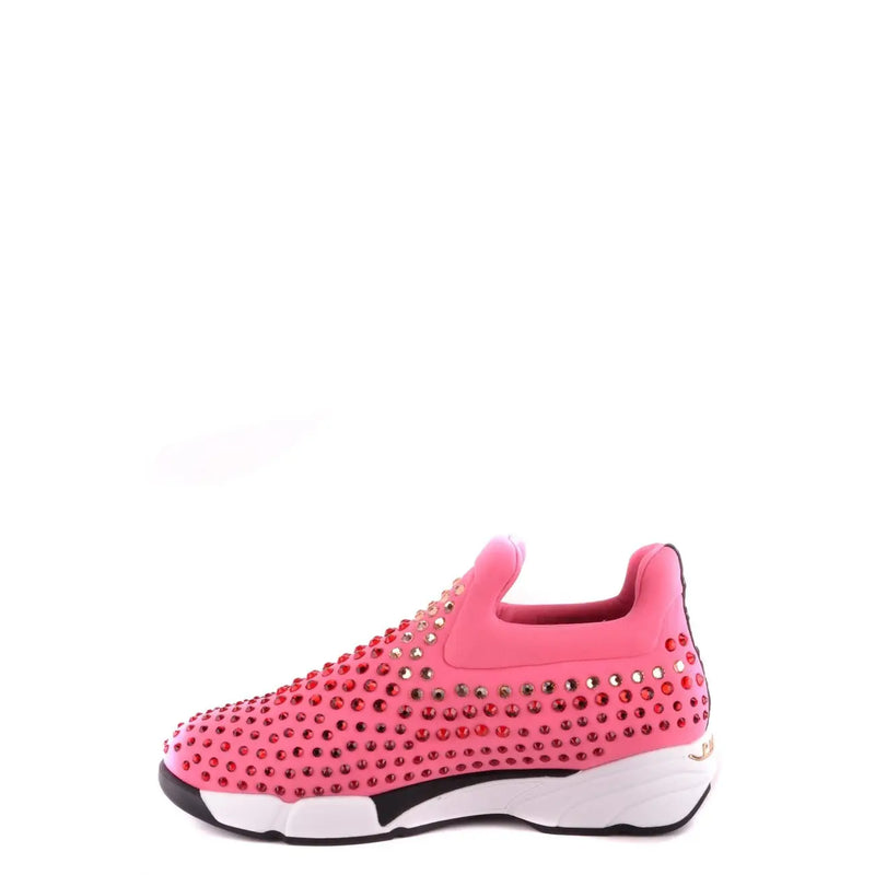 Pinko women sneakers pink fabric slip-on with rhinestone embellishments and white and black studded sole