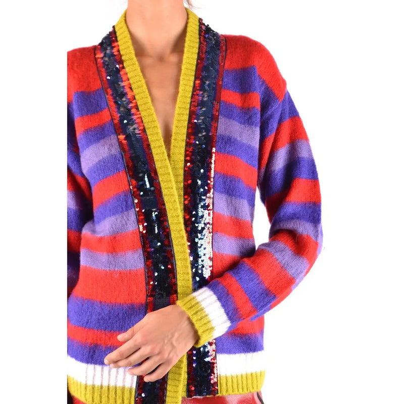 Pinko women striped mohair cardigan featuring vibrant red purple and yellow stripes with a bold sequined front panel