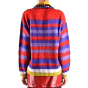 Pinko women multicolor striped mohair cardigan with vibrant red and purple knit, sequined collar, and yellow ribbed cuffs