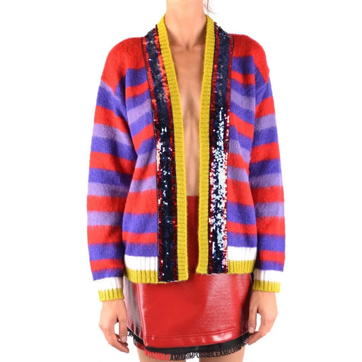 Pinko Gestreifte Damen-Strickjacke aus Mohair in leuchtendem Rot, Lila und Gelb mit Paillettenbesatz an der Vorderseite