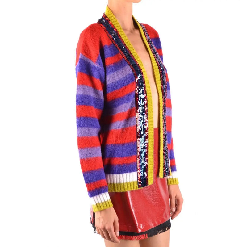 Pinko women striped mohair cardigan in vibrant red purple and yellow with sequined trim and multicolor design