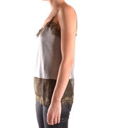 Pinko women tank top grey satin camisole with gold lace trim at neckline and hem polyamide blend size it 17141