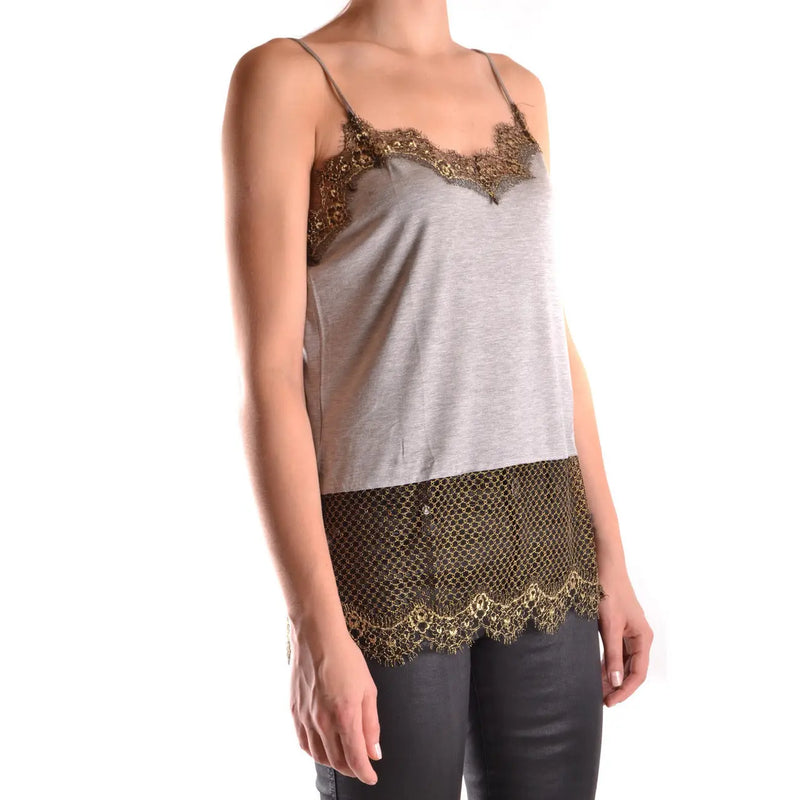 Pinko women tank top gray polyamide blend with gold lace trim and mesh panel size IT 17141