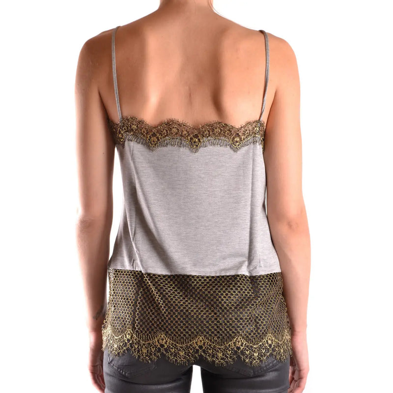 Pinko women tank top grey straps polyamide blend featuring gray spaghetti straps and gold lace trim at neckline and hem