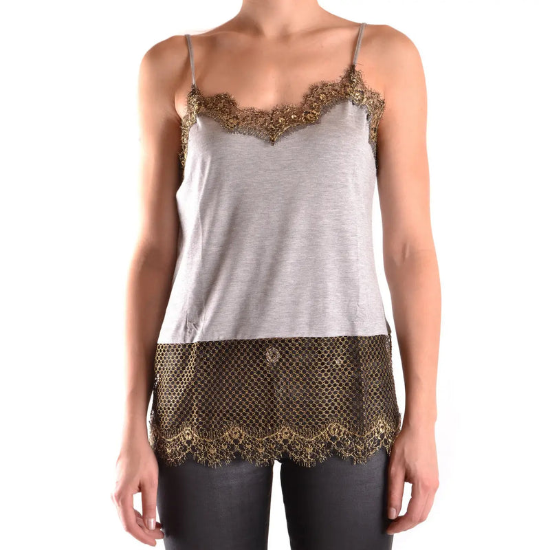 Pinko women tank top in grey with gold lace trim and mesh panel hem made of polyamide blend size IT 17141