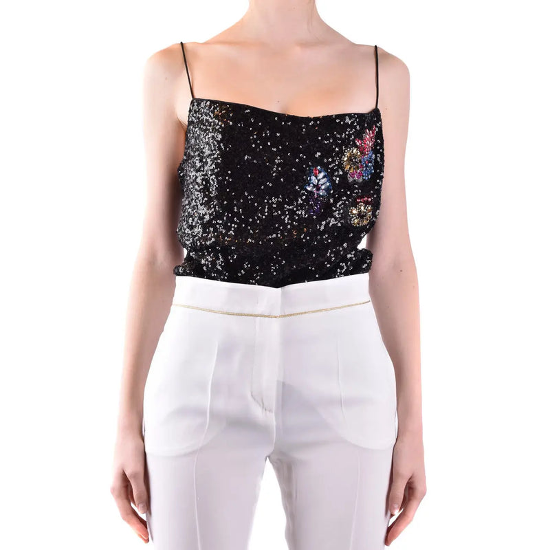 Pinko women top black polyamide sleeveless with black sequined straps and colorful floral embroidery size B42380