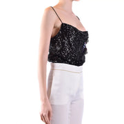 Pinko women top black polyamide sleeveless with black sequined spaghetti straps and ruffled side detail size B42380