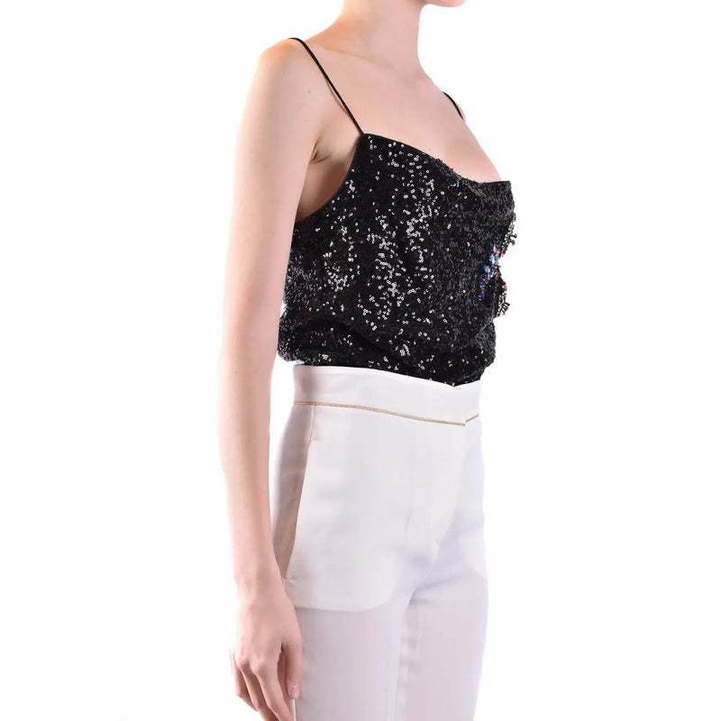 Pinko women top black polyamide sleeveless with black sequined spaghetti straps and ruffled side detail size B42380
