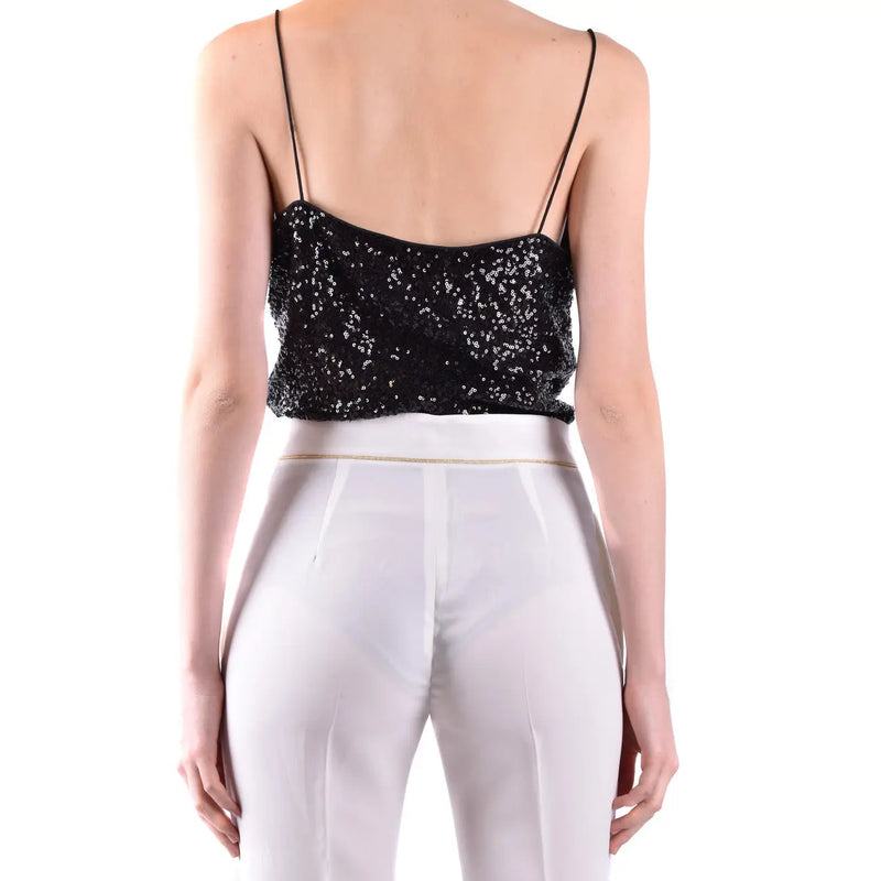 Pinko women black sequined polyamide top with spaghetti straps sleeveless fitted cropped silhouette size B42380