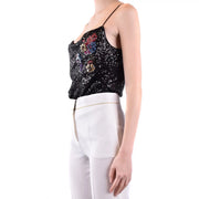 Pinko women top black sequined camisole with colorful floral polyamide sleeveless straps size B42380