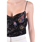 Pinko women black sleeveless crop top with thin straps polyamide fabric and colorful beaded floral appliqués