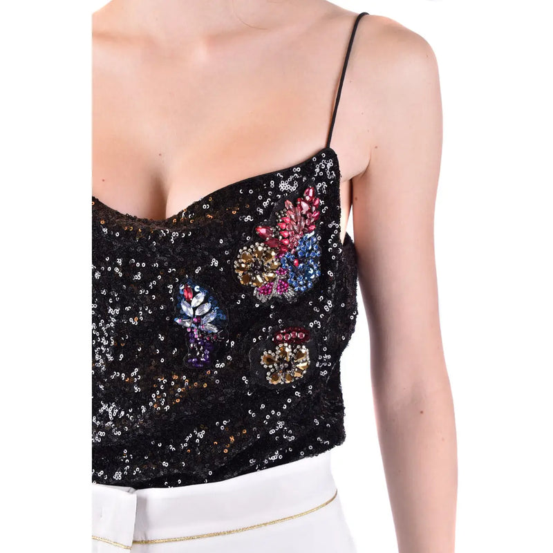 Pinko women black sleeveless crop top with thin straps polyamide fabric and colorful beaded floral appliqués