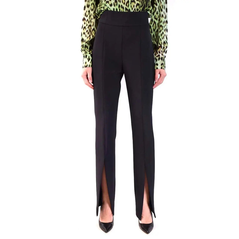 Pinko women trousers in black polyester featuring high-waisted straight-leg cut with side slit and zip closure