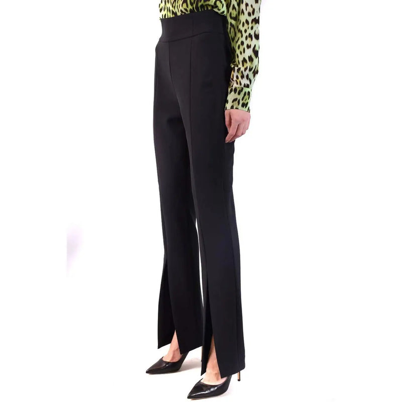 Pinko women black high-waisted flared polyester trousers with ankle slit and zip closure front view