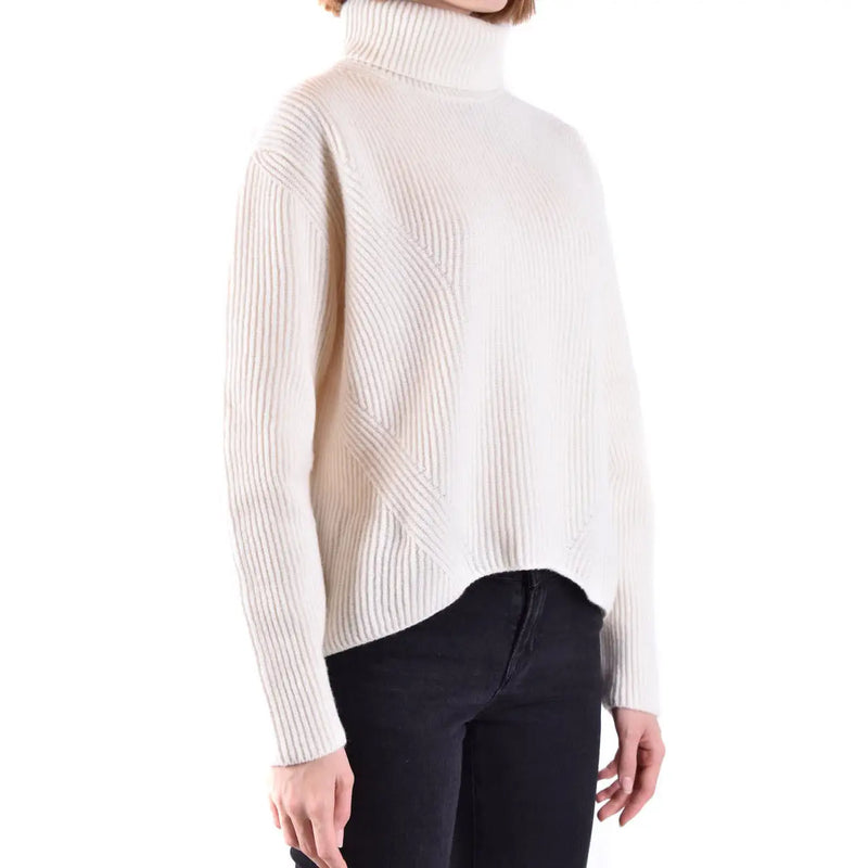 Cream-colored ribbed knit turtleneck sweater with subtle diagonal pattern made of wool and cashmere by Pinko women