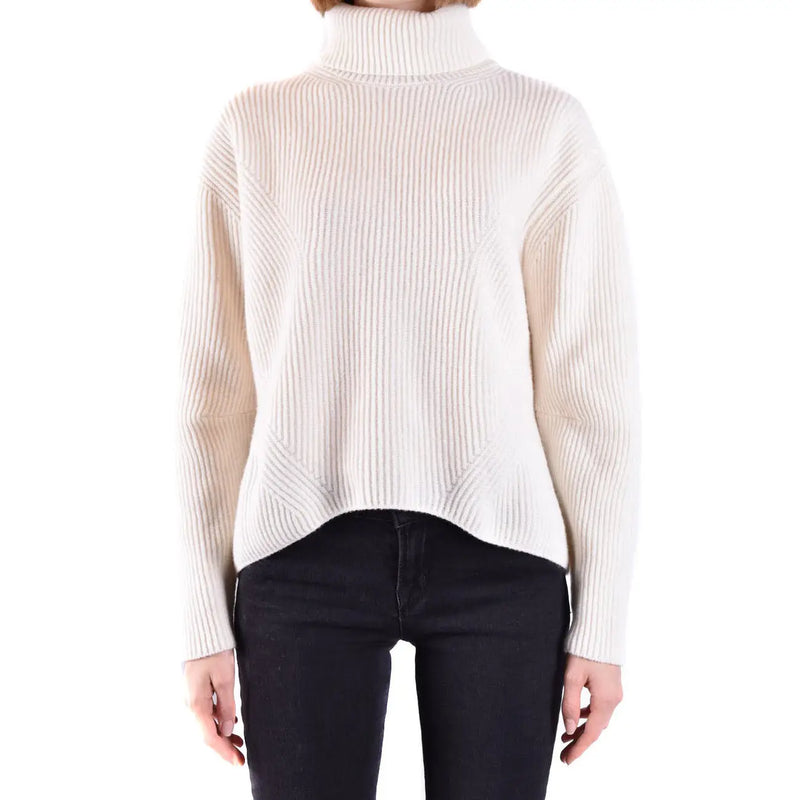 Cream-colored ribbed knit turtleneck sweater with wool cashmere blend and asymmetrical cropped hem by pinko women