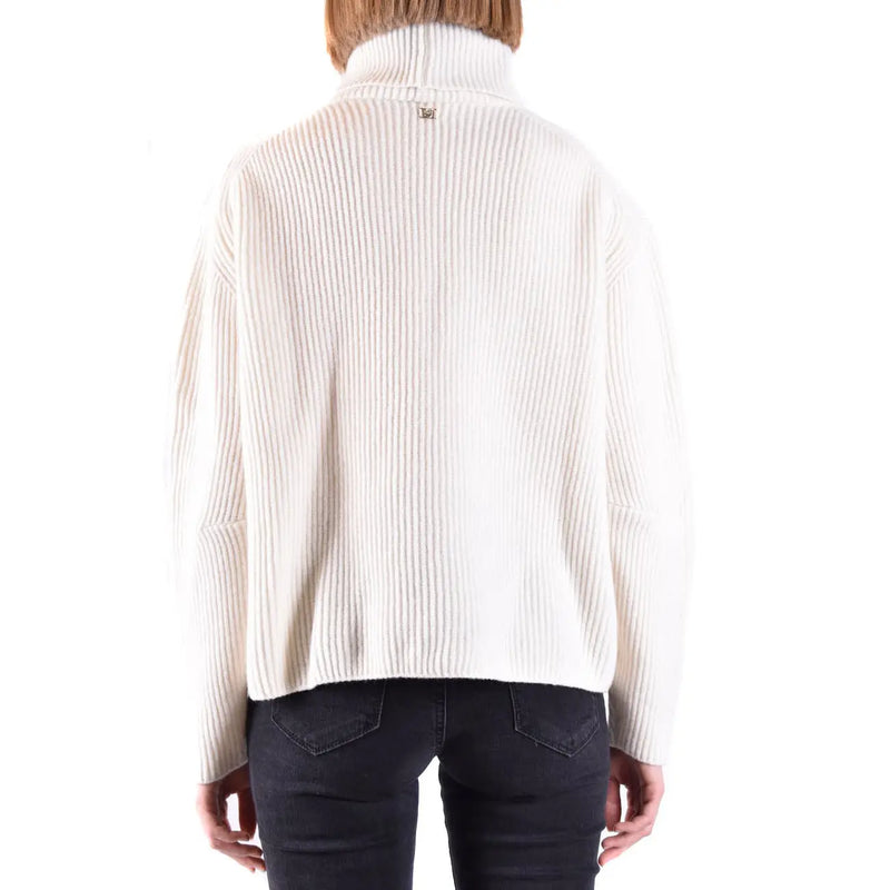 Pinko women turtleneck wool cashmere sweater in cream with ribbed knit texture and subtle vertical stripes