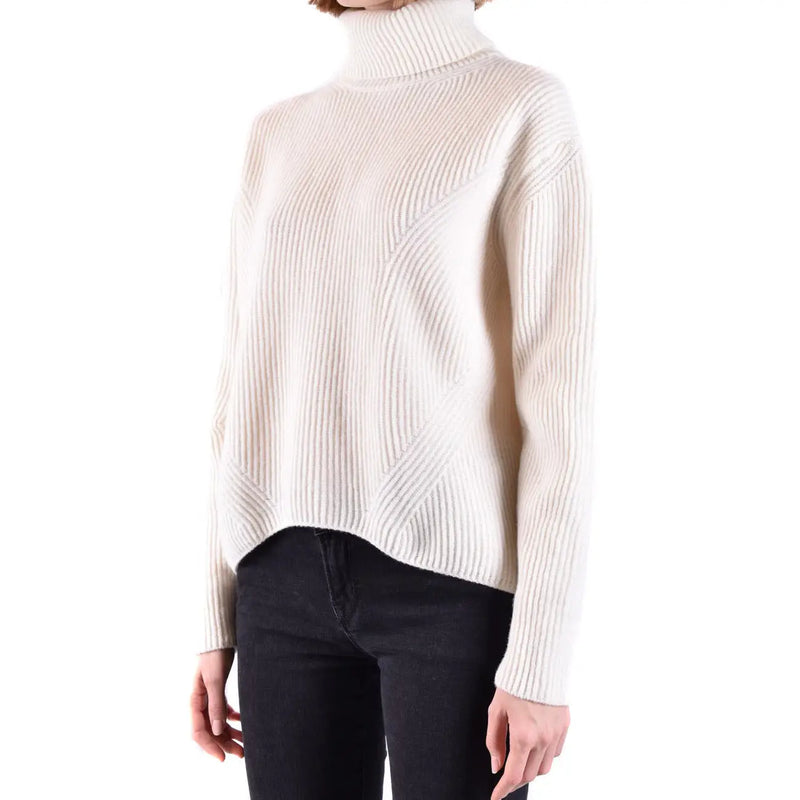 Pinko women cream-colored ribbed knit turtleneck sweater made of wool and cashmere with a soft textured pattern