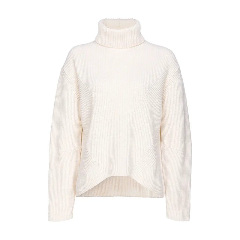 Pinko women turtleneck wool cashmere sweater in cream with ribbed knit and slightly asymmetrical hemline