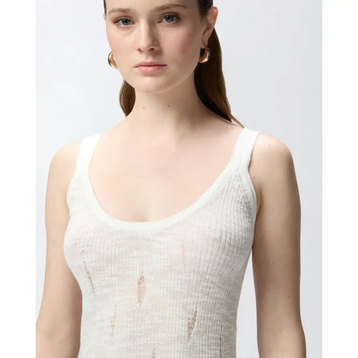 Pinko women white cotton elastane tank top with off-white ribbed knit and subtle vertical tear details