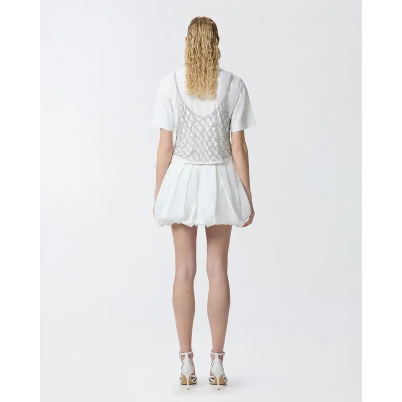 Pinko Weißes, kurzärmeliges Baumwollkleid mit perlenbesetztem Netzrücken und Faltenrock