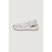 Pinko women white leather lace up sneaker with chunky sole and silver metallic accents on side and heel
