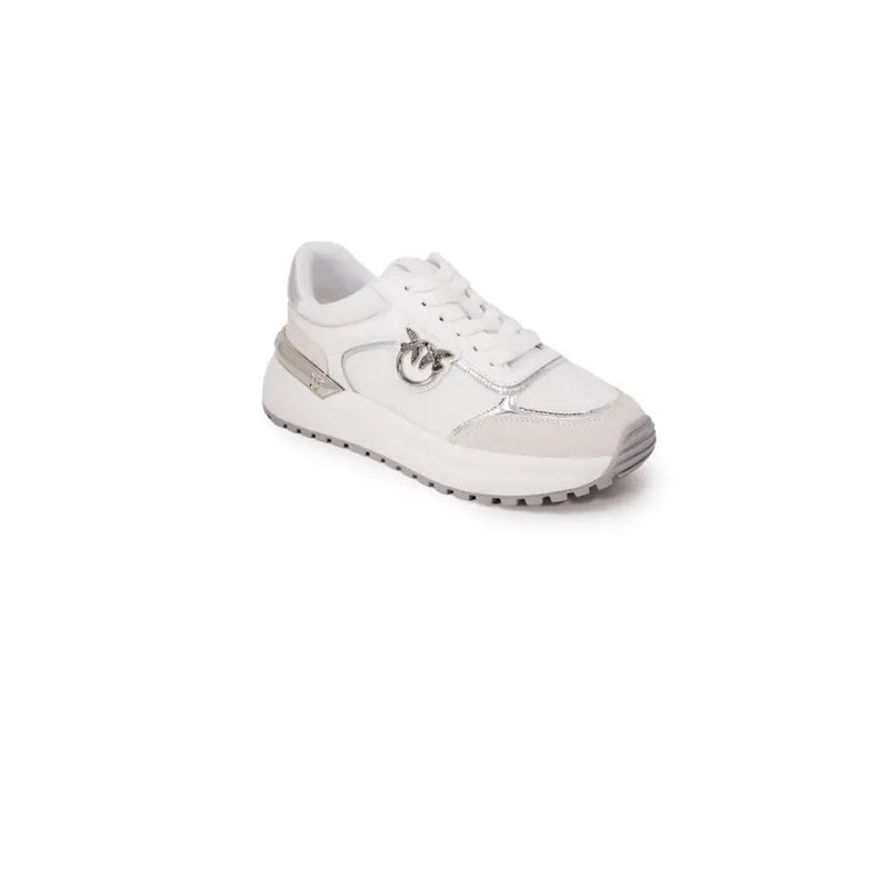 Pinko women white leather low-top sneakers with silver metallic accents and logo emblem on the side