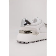 Pinko women white leather platform sneakers with silver metallic accents and reflective heel tab showing back side