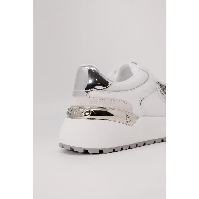 Pinko women white leather platform sneakers with silver metallic accents and reflective heel tab showing back side