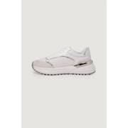 Pinko women white leather lace up sneaker with chunky sole and silver metallic accents on side and heel