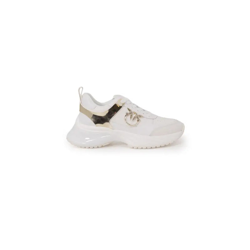 Pinko women white leather lace up sneaker with gold metallic accents and prominent logo for spring summer use