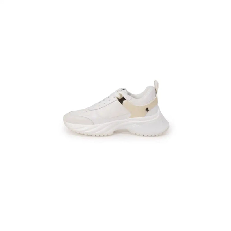Pinko women white leather lace up sneaker with chunky sole and beige metallic gold side strap for spring summer