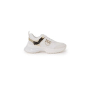Pinko women white leather lace up sneaker with gold metallic accents and prominent logo for spring summer use