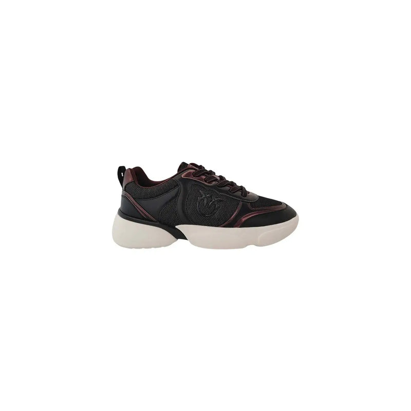 Pinko women white leather slip on sneakers with black and burgundy mesh upper and chunky white sole