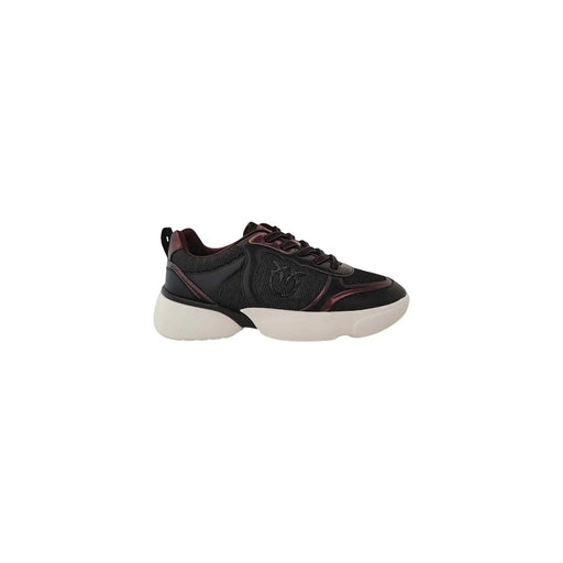 Pinko women white leather slip on sneakers with black and burgundy mesh upper and chunky white sole