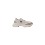 Pinko women white slip on polyester sneakers with off-white light gray chunky textured leather upper and metallic logo detail