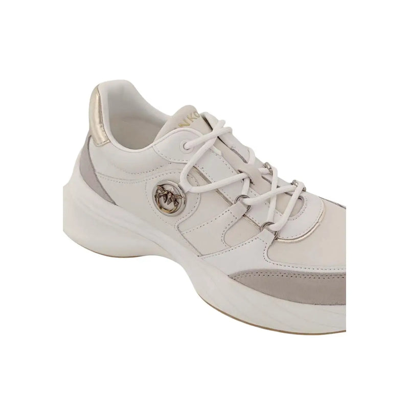 Pinko women white slip on polyester sneakers with white beige michael kors chunky sole and metallic gold logo emblem