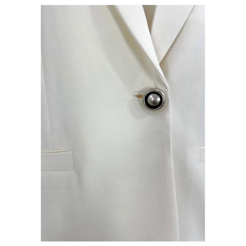 A sleek circular button with a polished silver rim and black pearl disc on pinko women white viscose blazer long v neck