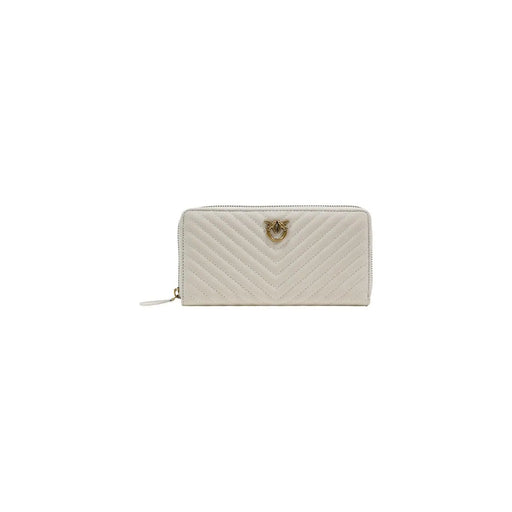 Cremefarbenes, gestepptes Polyurethan Pinko Weiße Damen-Geldbörse mit Reißverschluss und goldfarbenem Katzenkopf-Verschluss, Größe 21 x 12 x 4 cm