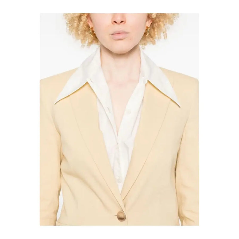 Cream-colored pinko yellow linen blazer with crisp white collar subtle sheen and single button closure