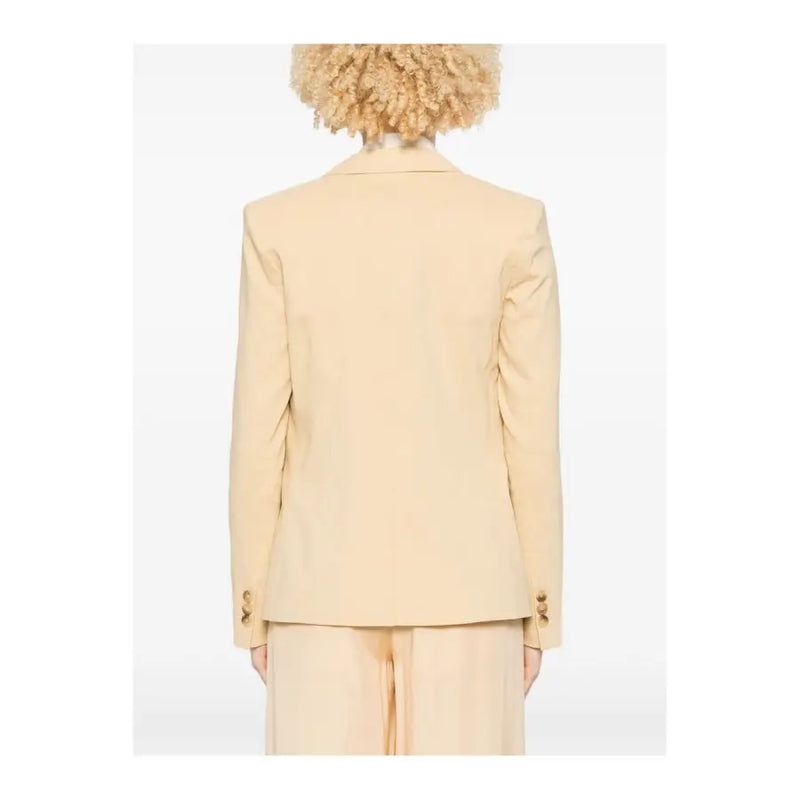 Beige tailored blazer with gold-tone button details featured in pinko yellow linen blazer with button front and pockets