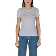 Plain white crew neck cotton t-shirt styled with blue jeans from Calvin Klein Jeans