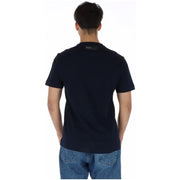 Navy blue cotton plein sport short-sleeved t-shirt with round neck and black label at back of neck displaying ken