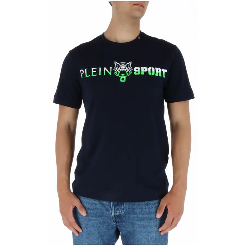 Pleine sport blue cotton t-shirt with round neck navy blue color and green tiger emblem across the chest